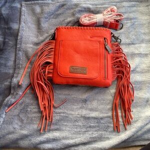 Trinity Ranch NWT hair on cowhide deer coral orange fringe leather crossbody bag